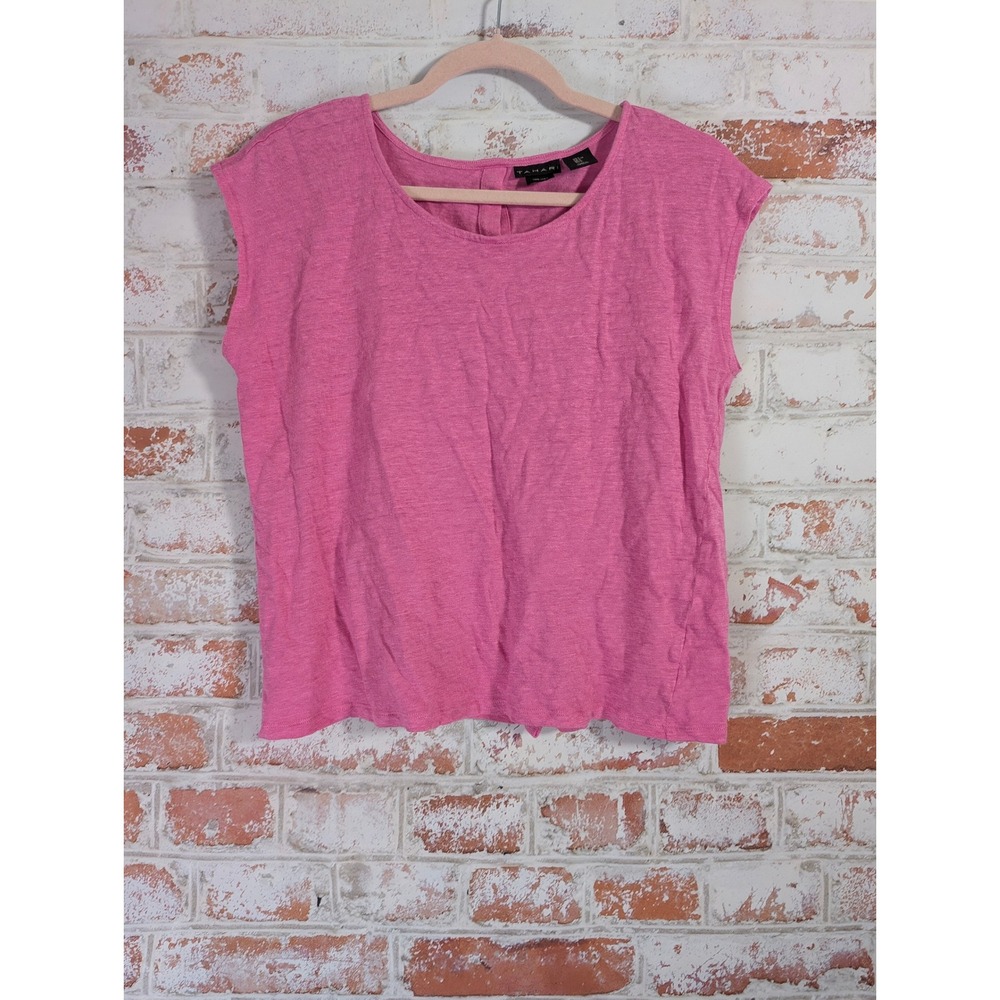 Tahari Linen Sleeveless Top Womens L Pink Button Back Casual Summer Tank